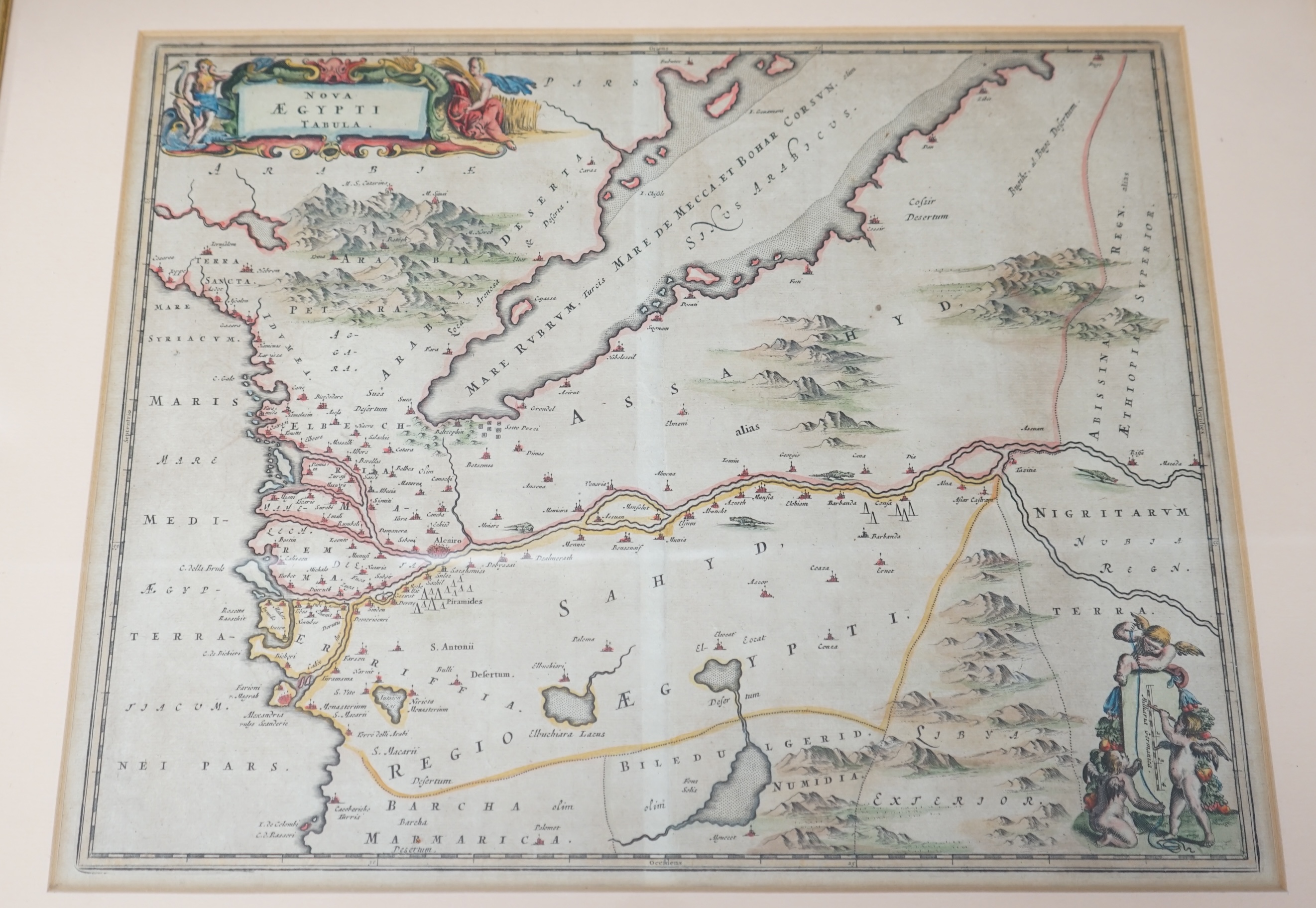 A hand coloured engraved map of Egypt (Nova Aegypti Tabula), 29 x 37cm. Condition - poor to fair, discolouration and creasing to the paper
